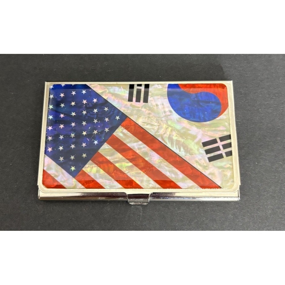 United States South Korea Flag Mother of Pearl Pocket Business Card ID Holder